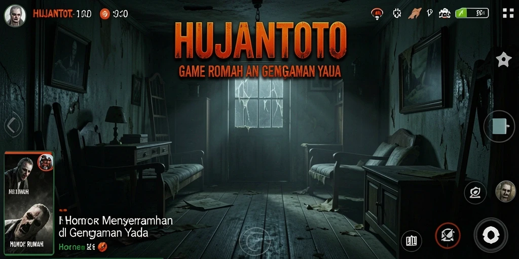 Antarmuka HUJANTOTO menunjukkan suasana mencekam dan menakutkan di dalam rumah.