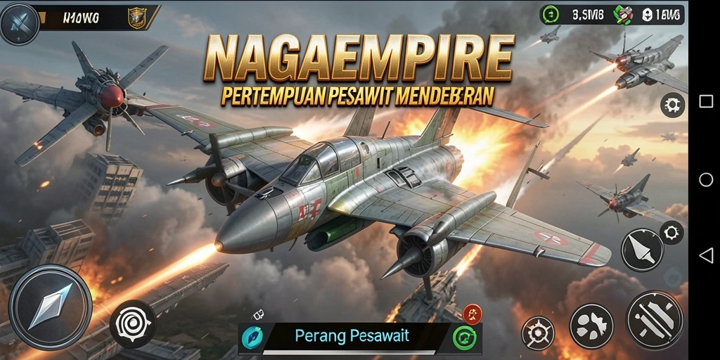 Antarmuka NAGAEMPIRE menampilkan pertempuran pesawat yang mendebarkan.