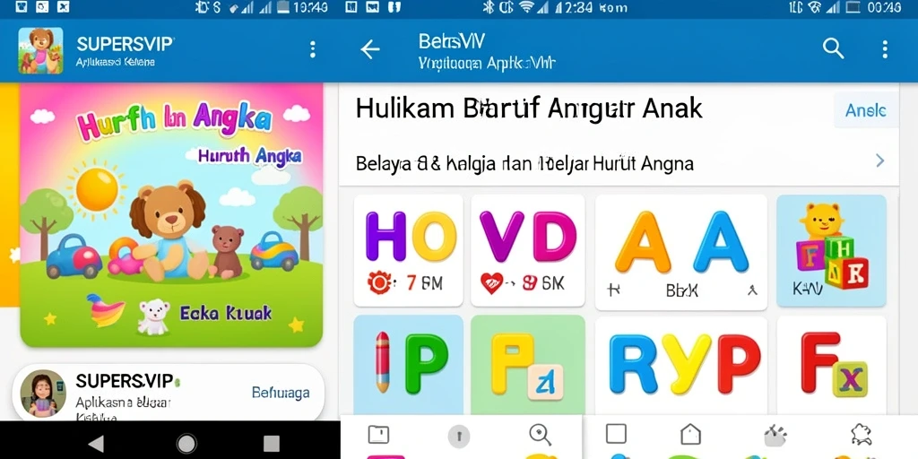 Screenshot utama SUPERSVIP dengan fitur interaktif belajar huruf dan angka.